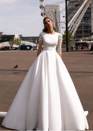 Three Quarter Sleeve White Wedding Dress